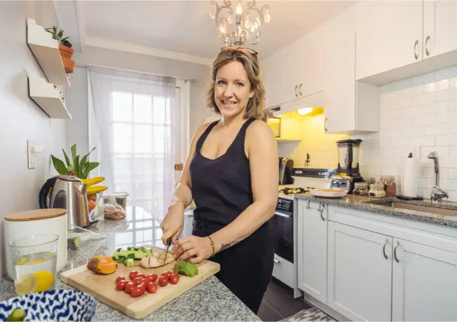 Smiling-woman-prepping-healthy-food